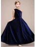 One Shoulder Navy Blue Velvet Long Flower Girl Dress One Shoulder Navy Blue Velvet Long Flower Girl Dress